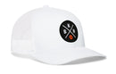The Haka Hat Brooklyn Trucker Hat is a white mesh-back snapback featuring a black circular patch with crossed lines, BKN lettering, and an orange basketball.