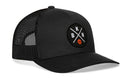 The Haka Hat Brooklyn Trucker Hat features black mesh, a round patch with crossed white lines, BKN letters, an orange basketball, and classic snapback style—signature Haka Hat design.