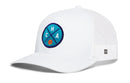 The Haka Hat Charlotte Trucker Hat (CHA X Basketball Snapback) is a white mesh hat featuring a round blue and teal patch with the letters C H A and a small basketball graphic on the front.