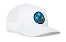 The Haka Hat Charlotte Trucker Hat | CHA X Basketball Snapback features a white mesh design with a circular blue patch showing "CHA" and an orange basketball, blending comfort and style for any fan.