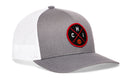 The Haka Hat Chicago Trucker Hat features a gray and white mesh design with a round black and red CHI basketball patch—perfect as your next snapback.