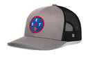 The Haka Hat Detroit Trucker Hat (DET X Basketball Snapback) features a solid gray front with a blue and red DET basketball patch, black mesh sides and back for breathability, and a comfort-fit sweatband for all-day wear.