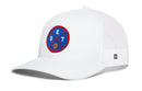 The Haka Hat Detroit Trucker Hat features white mesh, a blue and red DET X Basketball patch with letters D, E, T around a basketball graphic, plus a comfort-fit sweatband for all-day wear.