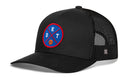 The Haka Hat Detroit Trucker Hat is a black mesh-back snapback featuring a blue round patch with “DET” in white, red and blue lines, and an orange basketball at the center.
