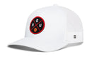 The Haka Hat Houston Trucker Hat is a white mesh snapback featuring a circular black and red HOU X Basketball patch on the front.