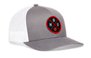 The Haka Hat Houston Trucker Hat is a gray and white snapback with a mesh back and a round black-and-red patch featuring "HOU" and a basketball icon—perfect for adding sporty flair to your look.
