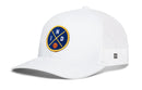 The Indiana Trucker Hat by Haka Hat is a white mesh snapback featuring a blue and yellow circular patch with crossed lines, the letters N and D, and a basketball at the center. Classic IND X Basketball style for sporty appeal.