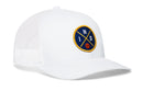 The Haka Hat Indiana Trucker Hat is a white mesh snapback featuring a round blue and yellow IND X Basketball patch with an orange basketball on the front.