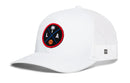 The Haka Hat Los Angeles Trucker Hat features a white mesh design with a round patch showing a palm tree, "L" and "A," and a basketball on crossed lines, set on blue with a red border.