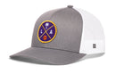 The Haka Hat Los Angeles Trucker Hat | LA X Basketball Snapback is a gray and white trucker hat with a purple palm tree patch—ideal for any Los Angeles fan.