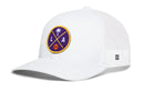 The Haka Hat Los Angeles Trucker Hat is a white mesh snapback by Haka Hat, featuring a circular purple and yellow patch with a palm tree, basketball, and crossed L and A in the center.
