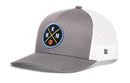 The Haka Hat Memphis Trucker Hat | MEM X Basketball Snapback features a gray and white design with a circular patch of an orange basketball and EMM letters—ideal for Memphis basketball fans.