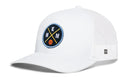 The Haka Hat Memphis Trucker Hat (MEM X Basketball Snapback) features a white mesh snapback, rounded brim, and a navy front patch with yellow crossed lines, the letters E and M, and a small orange basketball—perfect classic Memphis style.