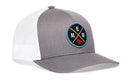 The Haka Hat Memphis Trucker Hat is a gray and white snapback with a mesh back and a front patch showing "MEM X" with an orange basketball at the bottom.