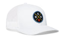 The Haka Hat Memphis Trucker Hat | MEM X Basketball Snapback is a white mesh trucker cap with a round embroidered patch featuring crossed yellow lines, E, M, N, M letters, and a small basketball at the center.