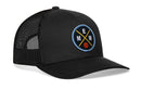 The Haka Hat Memphis Trucker Hat (MEM X Basketball Snapback) is a black mesh hat featuring a round patch with crossed yellow and blue lines, the letters M, E, M, and a small basketball at the bottom.