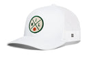 The Haka Hat Milwaukee Trucker Hat features a white mesh build, front patch with green M, I, L letters, crossed lines, and small basketball. It has a black-and-white side label and classic snapback closure. Part of the MIL X Basketball Snapback collection.