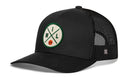 The Haka Hat Milwaukee Trucker Hat is a black mesh-back snapback with an embroidered circular patch on the front featuring crossed lines, the letters M, I, L, and a basketball at the intersection.