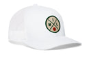 The Haka Hat Milwaukee Trucker Hat (MIL X Basketball Snapback) is a white mesh cap with a circular green and tan MIL basketball patch, in the Haka signature 5.0 trucker style.