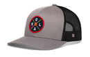 The Haka Hat New Orleans Trucker Hat | NOLA X Basketball Snapback features a gray and black design, mesh back, and a round NOLA X basketball patch. It's part of the HAKA signature 5.0 trucker collection.