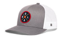 The Haka Hat New Orleans Trucker Hat | NOLA X Basketball Snapback features a gray and white design, round black NOLA X basketball patch, and classic white mesh back—the perfect go-to trucker hat for New Orleans fans.