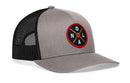 The Haka Hat New Orleans Trucker Hat | NOLA X Basketball Snapback features a gray and black mesh design, a NOLA X embroidered patch with a basketball graphic, all crafted in the Haka Hat signature 5.0 trucker style.