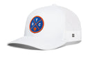 The Haka Hat New York Trucker Hat features a white mesh back and a blue/orange circular NYC patch with crossed lines and a small basketball embroidered on the front.