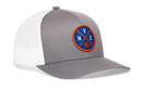The Haka Hat New York Trucker Hat is a gray and white snapback featuring a blue circle patch, orange trim, "NYC" embroidery above an orange basketball—perfect for NYC fans.