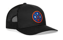 The Haka Hat New York Trucker Hat by Haka Hat features a black mesh design with a blue and orange NYC X Basketball patch on the front, showcasing crossed lines and a small basketball at the bottom.