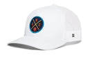The Haka Hat Oklahoma City Trucker Hat features a white mesh design with a round blue, orange, and black OKC logo patch on the front, including crossed lines, "OKC" letters, and a basketball icon.