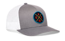 The Haka Hat Oklahoma City Trucker Hat features a gray and white design with a round blue patch displaying orange OKC letters and a small orange basketball over crossed yellow lines. A stylish snapback for OKC fans.