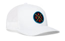 The Haka Hat Oklahoma City Trucker Hat features a white mesh design with a round blue patch on the front, displaying orange OKC letters and a small basketball icon in an X pattern. Brand: Haka Hat.