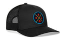 The Haka Hat Oklahoma City Trucker Hat features black mesh, a round patch with crossed red and yellow lines, “OKC” in red, a small orange basketball, and an adjustable snapback. Classic Haka Hat trucker style.