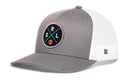The Haka Hat Orlando Trucker Hat | ORL X Basketball Snapback features a gray and white design with a circular ORL patch, blue and black X lines, an orange basketball, and breathable white mesh for comfort.