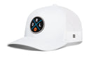 The Haka Hat Orlando Trucker Hat (ORL X Basketball Snapback) is a white mesh snapback with a round ORL patch, orange basketball, blue X lines, and a black and white stitched logo on the side.