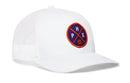 The Haka Hat Phoenix Trucker Hat features a white mesh design with a purple and orange circular PHX basketball logo patch, curved brim, structured crown, and classic snapback closure. Brand: Haka Hat. Product: PHX X Basketball Snapback.