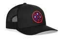 The Haka Hat Phoenix Trucker Hat features a black mesh design with a purple and orange PHX basketball patch, making this HAKA 5.0 snapback the perfect choice for fans.