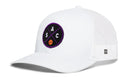 The Haka Hat Sacramento Trucker Hat is a white mesh-back snapback with a curved brim and a round black and purple front patch showing "SAC" and an orange basketball icon.