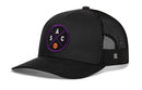 The Haka Hat Sacramento Trucker Hat features black mesh, a curved bill, a purple and white SAC logo with basketball graphic on the front, and a stitched “H” logo—part of the HAKA signature trucker collection.