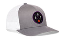 The Haka Hat Sacramento Trucker Hat is a gray and white mesh snapback featuring a round black patch with "SAC" lettering and an orange basketball on the front.
