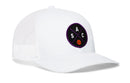 The Haka Hat Sacramento Trucker Hat features white mesh, a flat bill, and a black circular patch with the letters S, A, C, and an orange basketball—a standout snapback from Haka Hat for Sacramento fans.