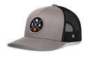 The Haka Hat San Antonio Trucker Hat | SA X Basketball Snapback features gray and black mesh, a circular patch with a basketball, S and A letters, Texas outline, and an adjustable snapback closure.