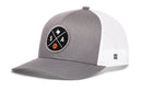 The Haka Hat San Antonio Trucker Hat is a gray and white snapback featuring a round patch with a Texas outline, “S” and “A” letters, and a basketball beneath the crossed design.