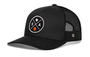 The Haka Hat San Antonio Trucker Hat | SA X Basketball Snapback is a black mesh snapback with a round patch showing a white Texas outline, S and A letters, an orange basketball, and a small H logo on the left side.