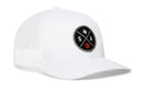 The Haka Hat San Antonio Trucker Hat is a premium snapback with white mesh and a circular embroidered patch showing the Texas outline, S, A, and a basketball.