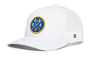 The Haka Hat San Francisco Trucker Hat | GS X Basketball Snapback is a white mesh trucker by Haka Hat with a blue and yellow patch showing a bridge, basketball, and “G” & “S,” plus a classic snapback closure.