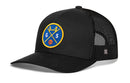 The Haka Hat San Francisco Trucker Hat | GS X Basketball Snapback features a black trucker design with a blue and gold Golden Gate Bridge, basketball, and GS patch—perfect for fans wanting classic style and local flair.
