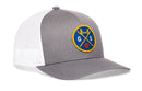 The Haka Hat San Francisco Trucker Hat | GS X Basketball Snapback features a gray and white mesh back, a front circular patch with yellow trim, bridge design, crossed lines, G and S letters, and a small basketball.