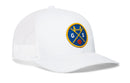 The Haka Hat San Francisco Trucker Hat is a white mesh GS X Basketball Snapback featuring a round blue and yellow patch with "GS," a stylized bridge, crossed lines, and a small basketball on the front.
