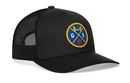 The Haka Hat San Francisco Trucker Hat | GS X Basketball Snapback features black mesh and a round blue-yellow patch with crossed bridges, a basketball, and the letters G and S on the front.
